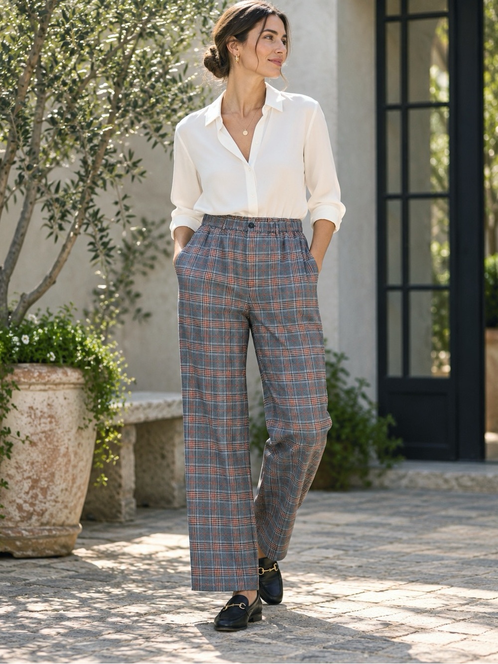 NWT Clare V Plaid Cotton Cashmere Pants in Gray Rust size XL